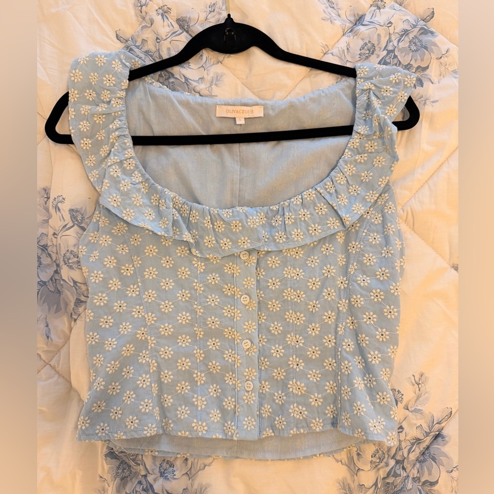 Olivia + Joy Light Blue Floral Eyelet Ruffle Tank Top